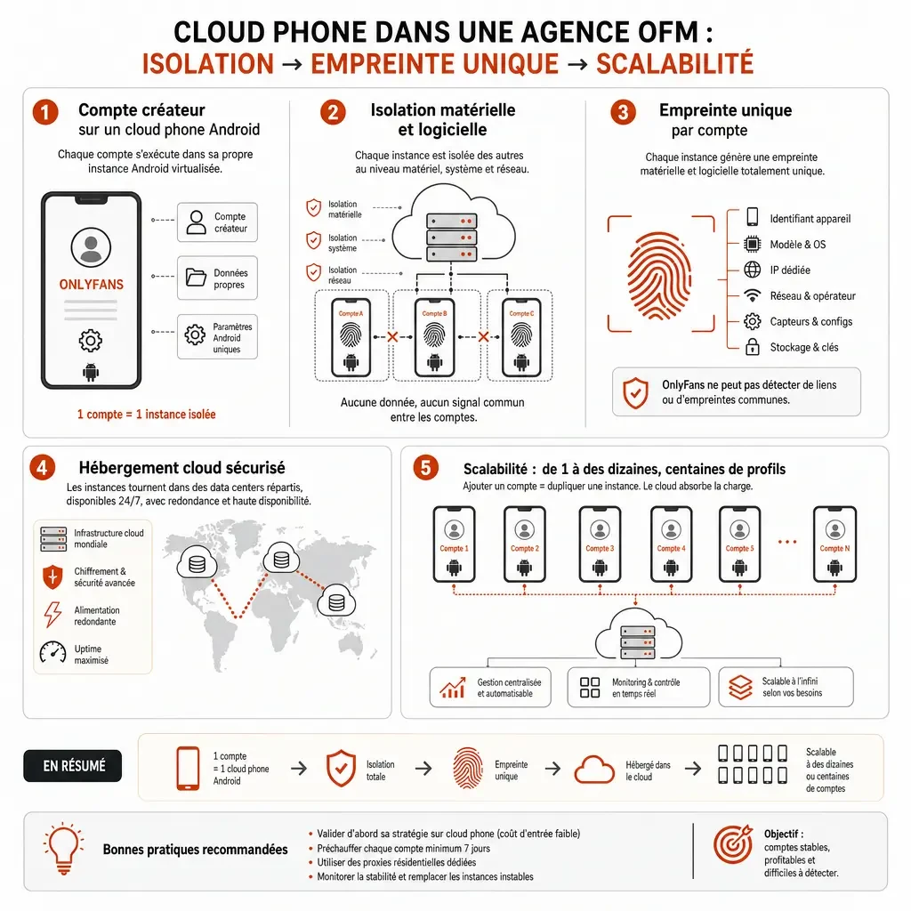 Schéma étape par étape du fonctionnement d’un cloud phone dans une agence OFM, montrant l’isolation d’un compte dans un environnement Android virtualisé