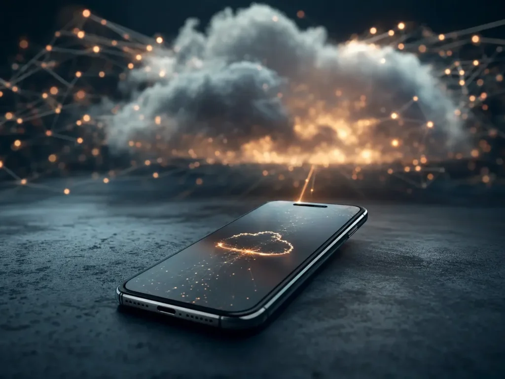 Smartphone isolé connecté à un cloud de données, symbolisant les cloud phones utilisés par les agences OFM pour isoler chaque compte OnlyFans