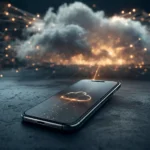 Smartphone isolé connecté à un cloud de données, symbolisant les cloud phones utilisés par les agences OFM pour isoler chaque compte OnlyFans
