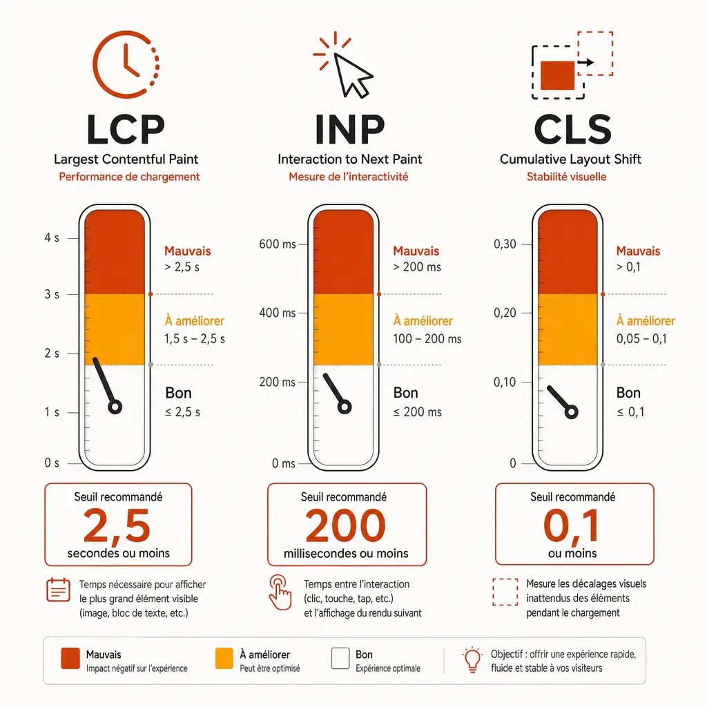 Infographie des trois jauges LCP, INP et CLS avec leurs seuils bon/à améliorer/mauvais