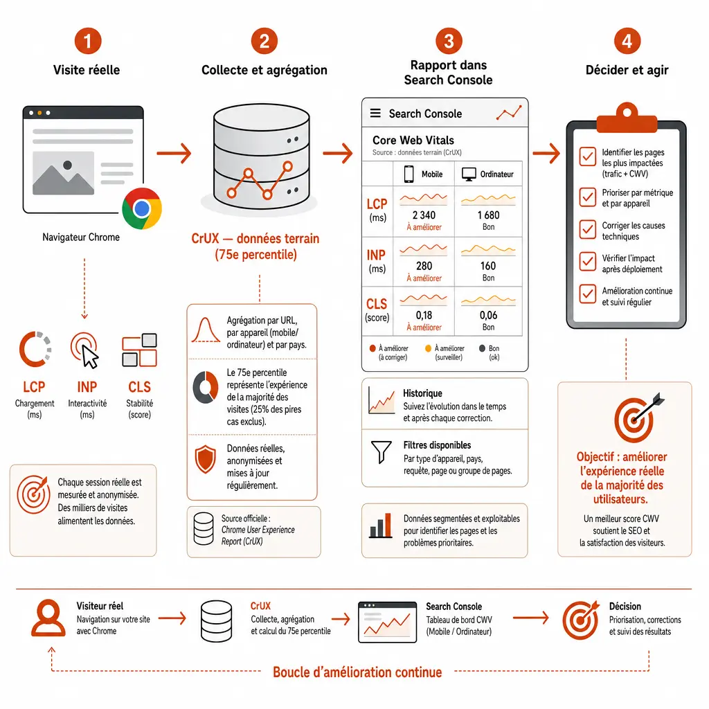 Schéma en 4 étapes du parcours de mesure des Core Web Vitals, de la visite réelle au rapport Search Console