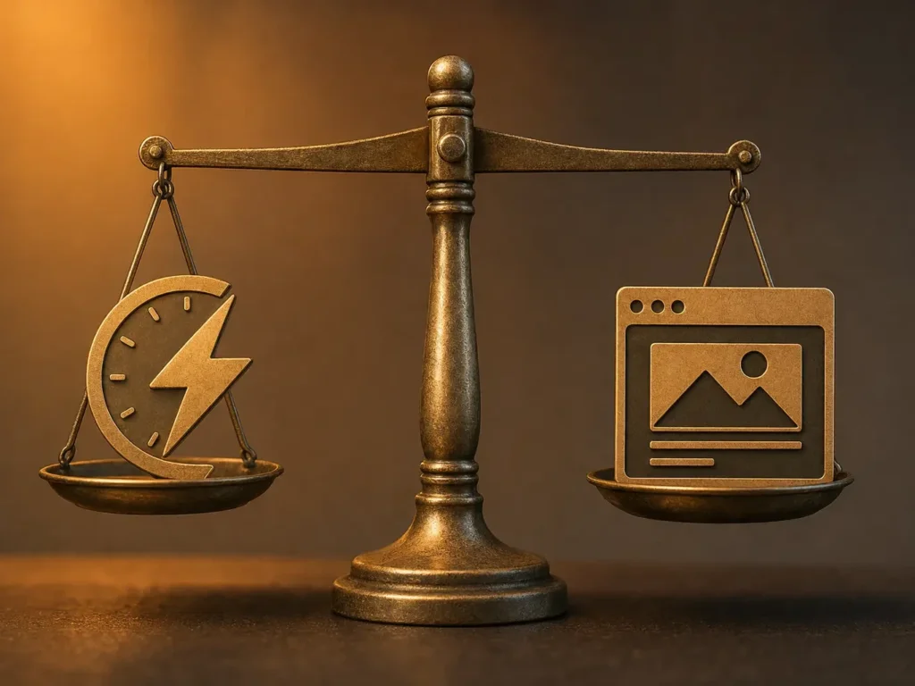 Balance en bronze représentant l'équilibre entre vitesse de chargement et stabilité visuelle, symbole des Core Web Vitals