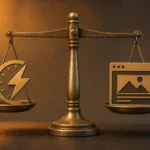 Balance en bronze représentant l'équilibre entre vitesse de chargement et stabilité visuelle, symbole des Core Web Vitals