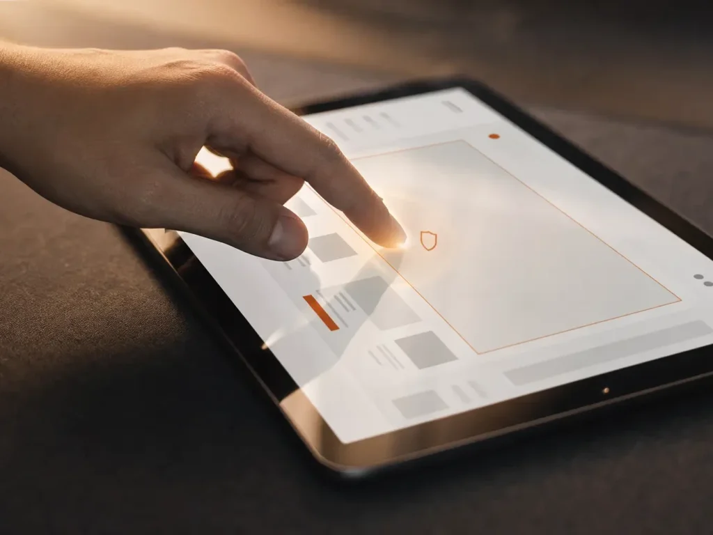 Gros plan d'une main qui touche l'écran d'une tablette affichant une interface web épurée, pour illustrer l'expérience utilisateur (UX).