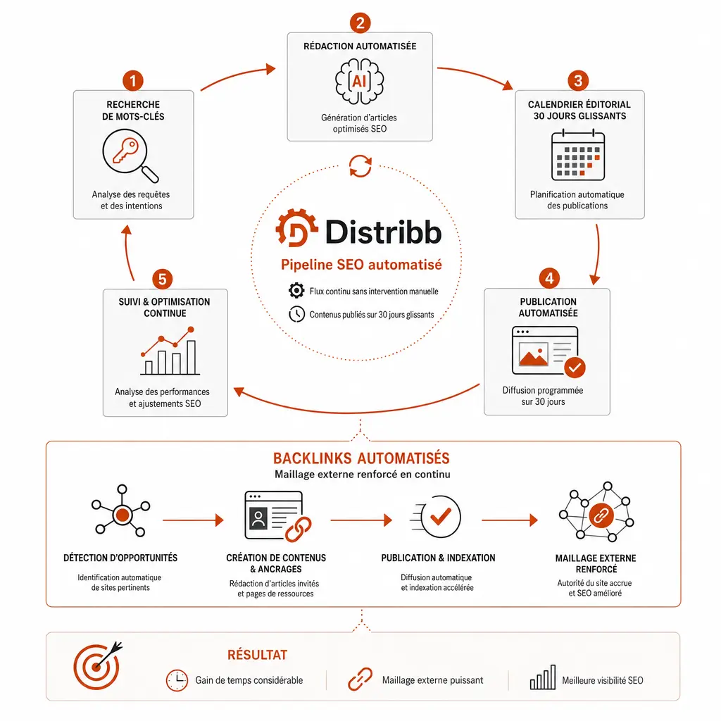 Schéma du pipeline SEO automatisé de Distribb : recherche de mots-clés, rédaction automatisée, calendrier éditorial 30 jours glissants, publication automatisée et boucle de suivi/optimisation, avec module dédié aux backlinks automatisés en maillage externe.