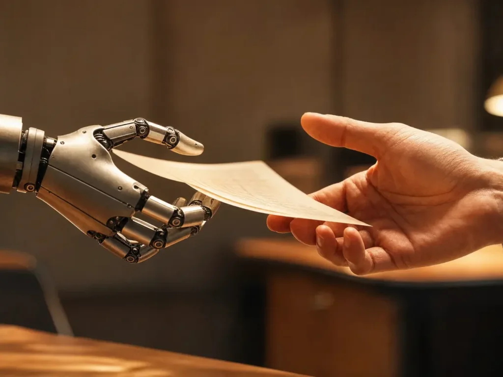 Main robotique tendant une feuille à une main humaine, symbolisant la complémentarité entre production automatisée par IA et travail humain