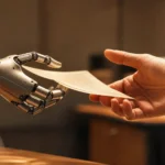Main robotique tendant une feuille à une main humaine, symbolisant la complémentarité entre production automatisée par IA et travail humain