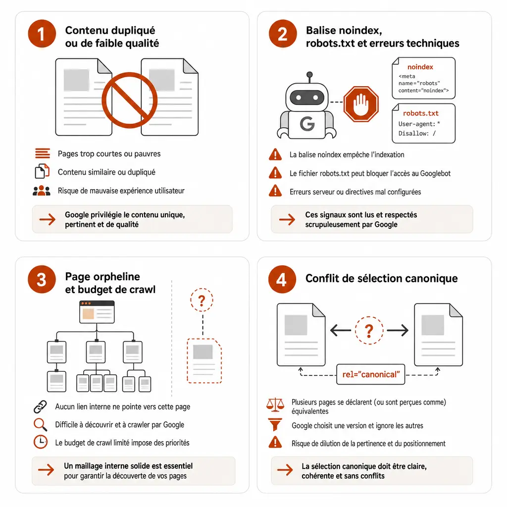Schéma des 4 causes principales de non-indexation d'une page : contenu dupliqué ou faible qualité, balise noindex et robots.txt, page orpheline et budget de crawl, conflit de sélection canonique.