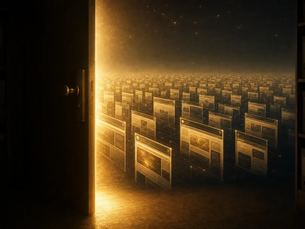 Porte entrouverte laissant filtrer une lumière dorée sur un champ infini de pages web lumineuses, illustrant l'indexation Google et le stockage des pages dans son index.