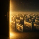 Porte entrouverte laissant filtrer une lumière dorée sur un champ infini de pages web lumineuses, illustrant l'indexation Google et le stockage des pages dans son index.