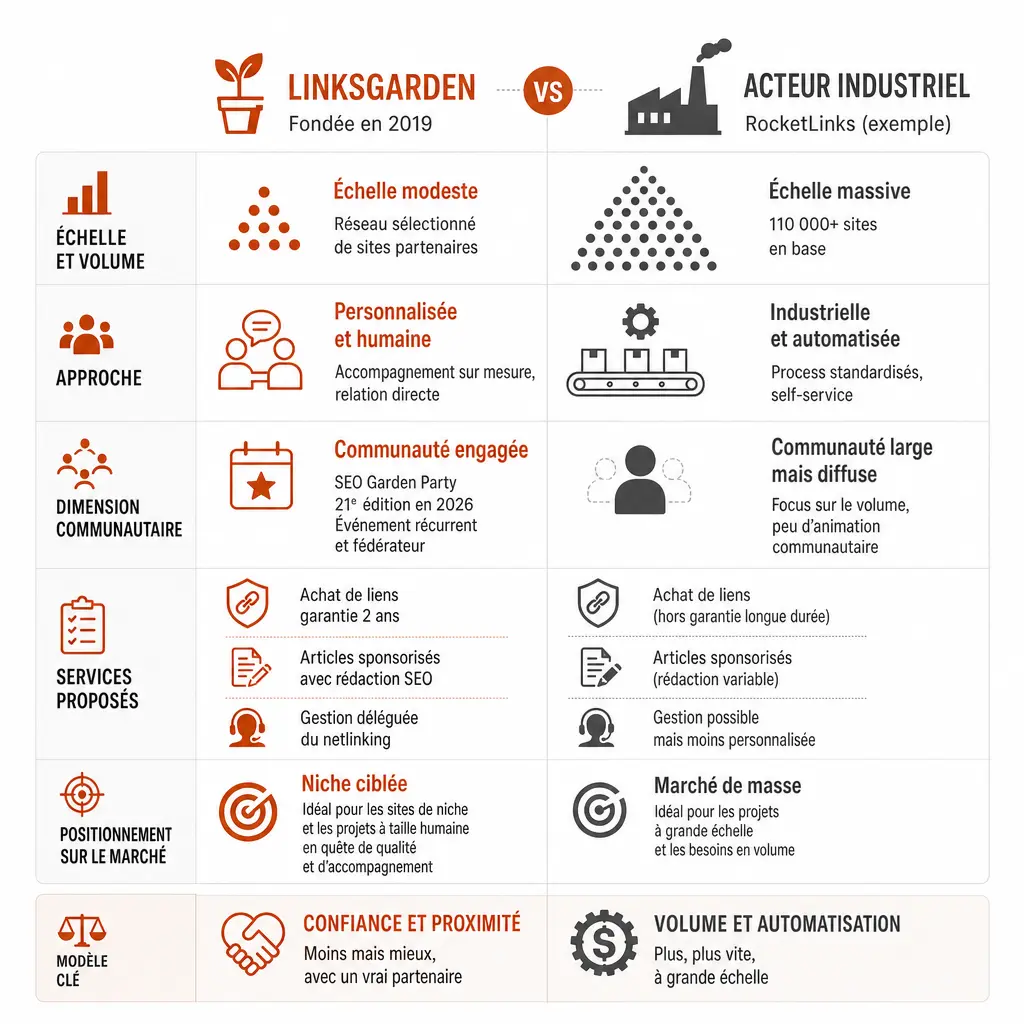 Infographie comparant Linksgarden, plateforme de netlinking fondée par Jacky Giang, à un acteur industriel du netlinking : échelle, approche, communauté et services
