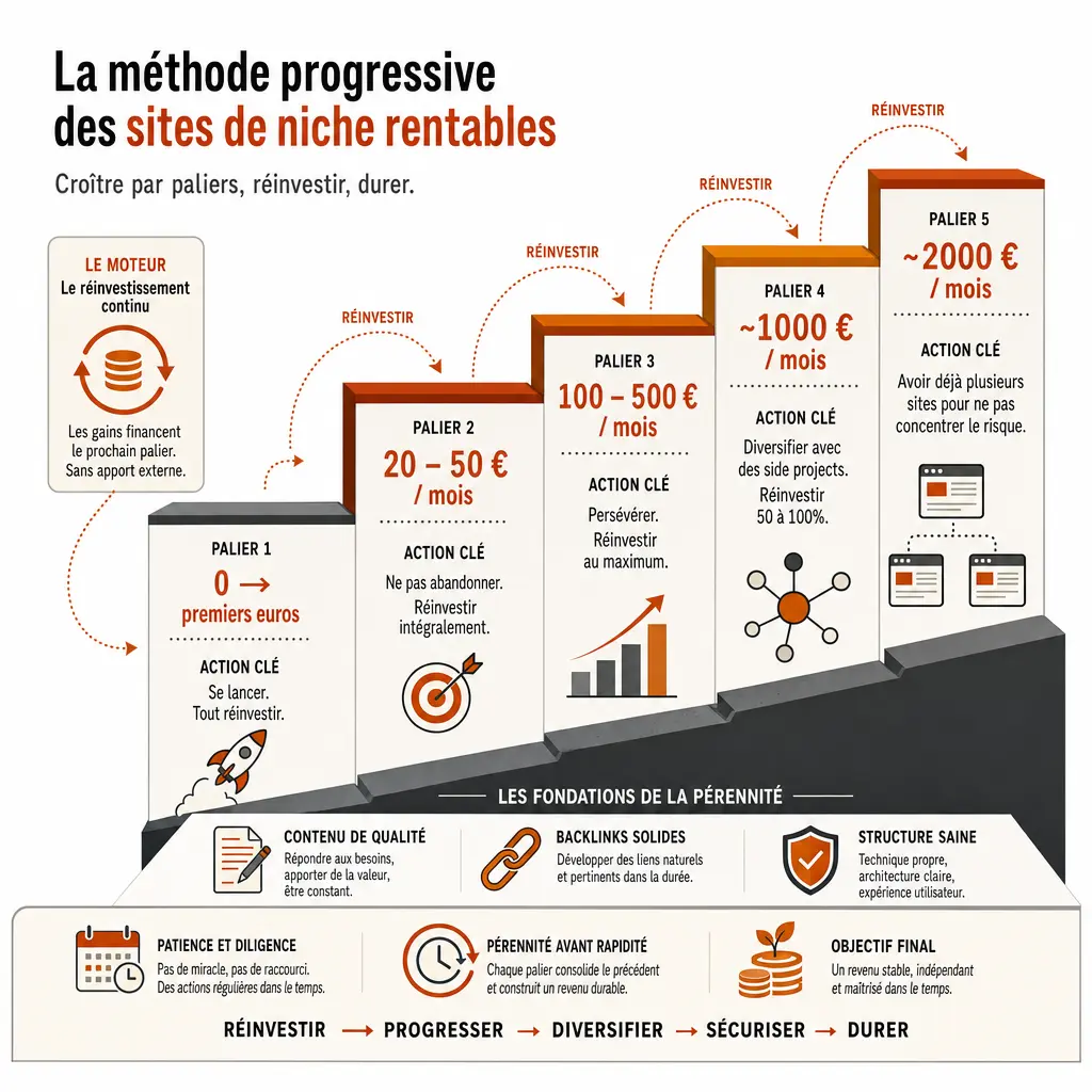 Schéma en escalier illustrant la méthode progressive de Jacky Giang pour créer des sites de niche rentables, palier par palier de chiffre d'affaires