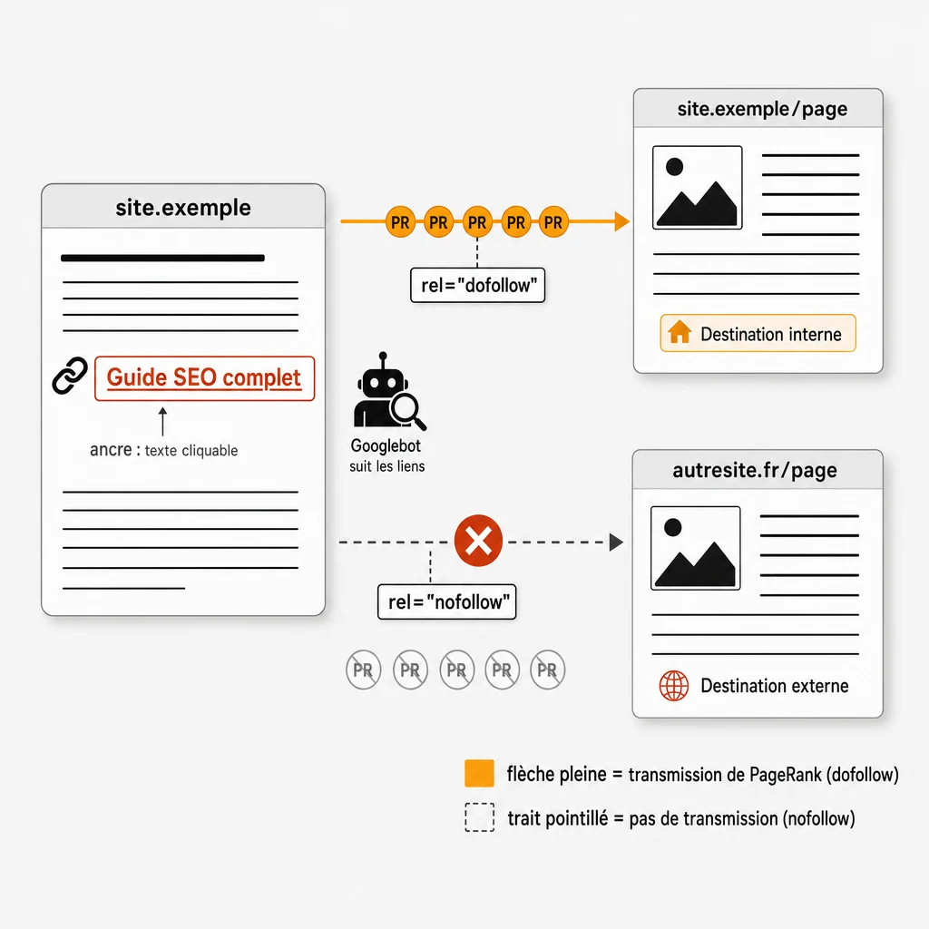 Schéma d'un lien SEO décomposé en page source, page destination, ancre de lien, et transmission du PageRank selon l'attribut dofollow ou nofollow
