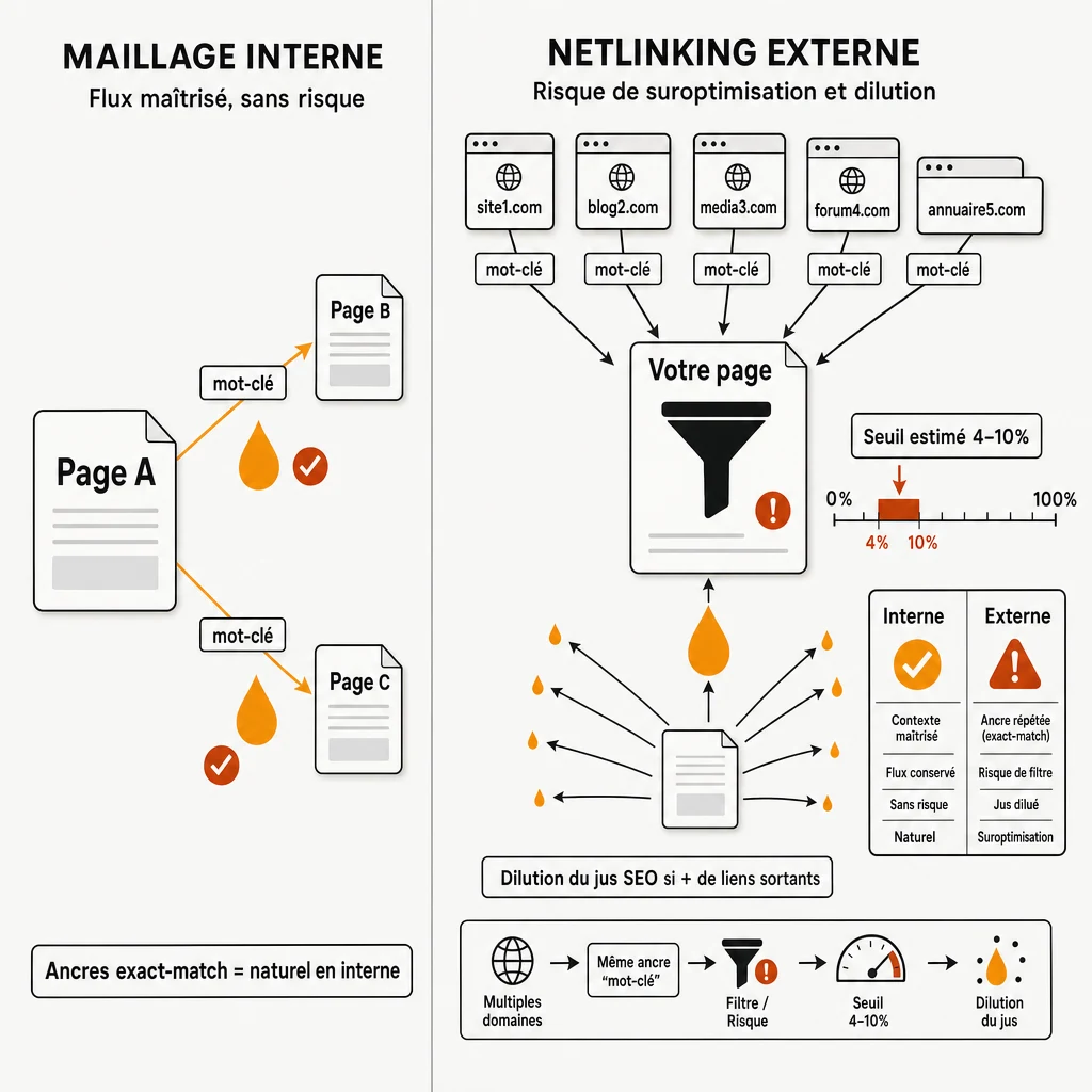 Comparatif entre ancres exact-match en maillage interne sans risque et en netlinking externe risqué au-delà d'un seuil de 4 à 10 %, avec dilution du jus SEO selon le nombre de liens sortants