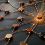 Réseau de nœuds métalliques connectés par des fils de cuivre convergeant vers un point lumineux central, illustrant la complémentarité entre maillage interne et liens externes en SEO