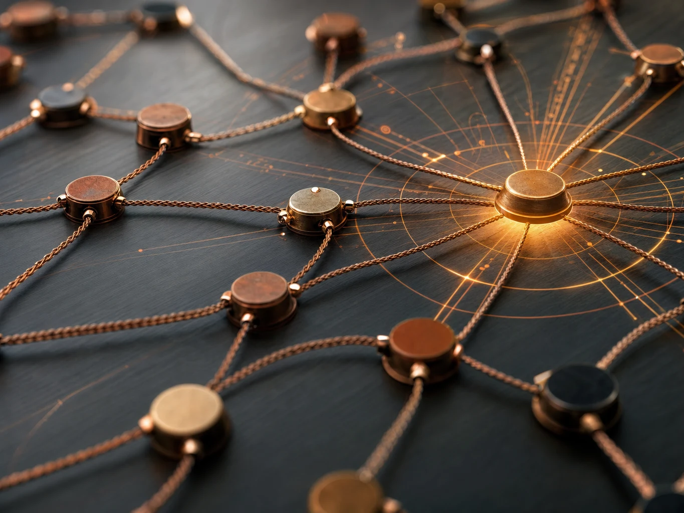 Réseau de nœuds métalliques connectés par des fils de cuivre convergeant vers un point lumineux central, illustrant la complémentarité entre maillage interne et liens externes en SEO