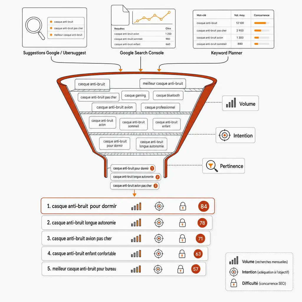 Schéma en entonnoir montrant comment croiser Google Search Console, Keyword Planner et les suggestions Google pour identifier et prioriser des mots-clés longue traîne