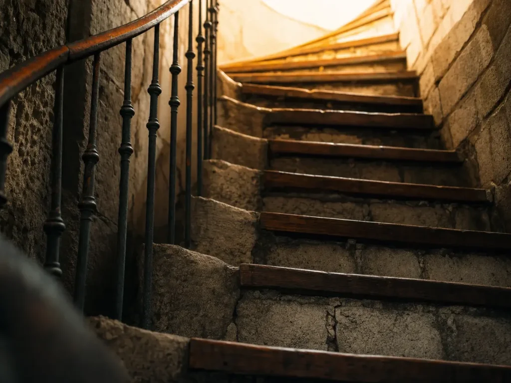 Escalier en colimaçon éclairé, symbole de la progression dans les résultats de recherche grâce à la longue traîne SEO
