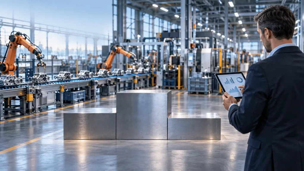 Podium dans une usine moderne illustrant un comparatif des meilleures agences SEO industrielles