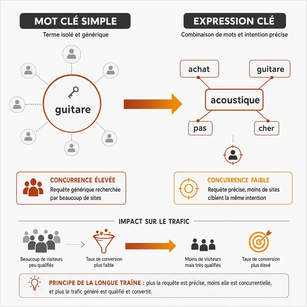 Infographie comparant un mot clé simple (« guitare », forte concurrence) et une expression clé (« achat guitare acoustique pas cher », faible concurrence, trafic qualifié) illustrant le principe de la longue traîne