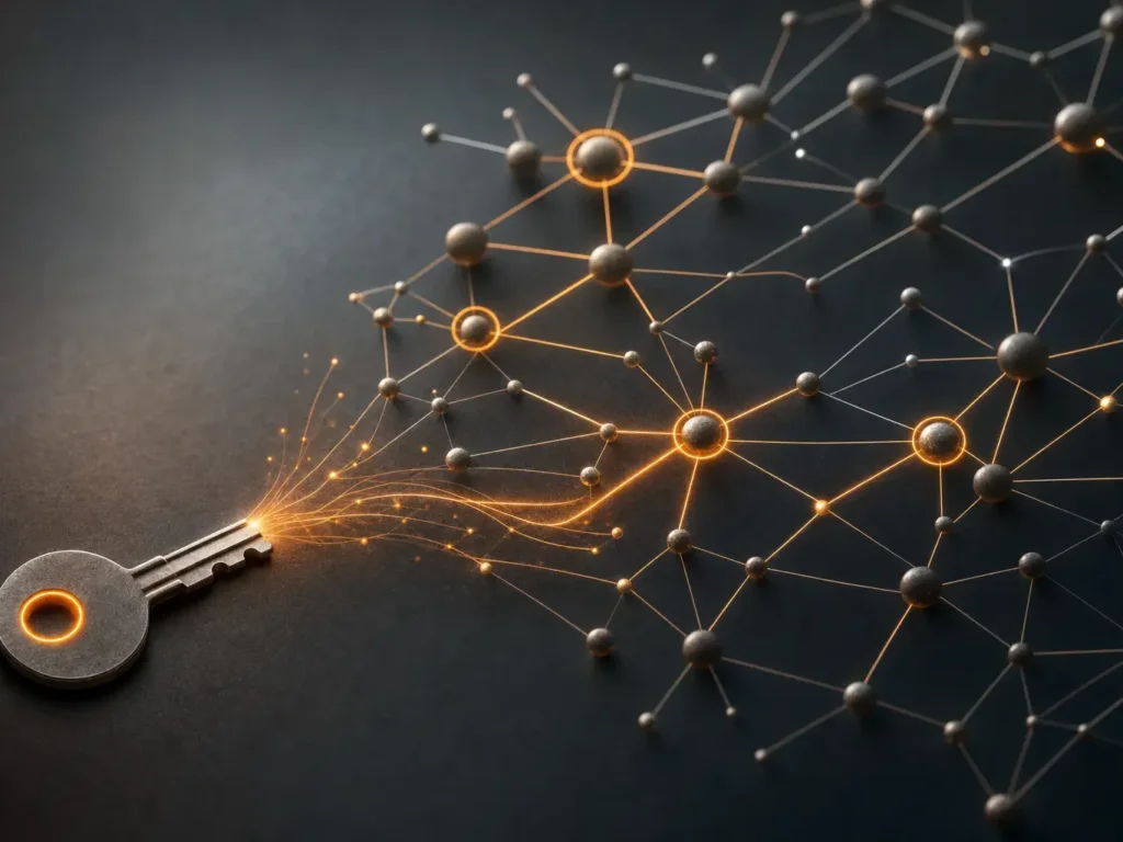 Une clé métallique dorée d'où jaillit un réseau de nœuds lumineux ambre, illustrant le mot-clé SEO qui se déploie en réseau sémantique de concepts liés