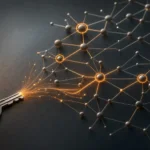 Une clé métallique dorée d'où jaillit un réseau de nœuds lumineux ambre, illustrant le mot-clé SEO qui se déploie en réseau sémantique de concepts liés