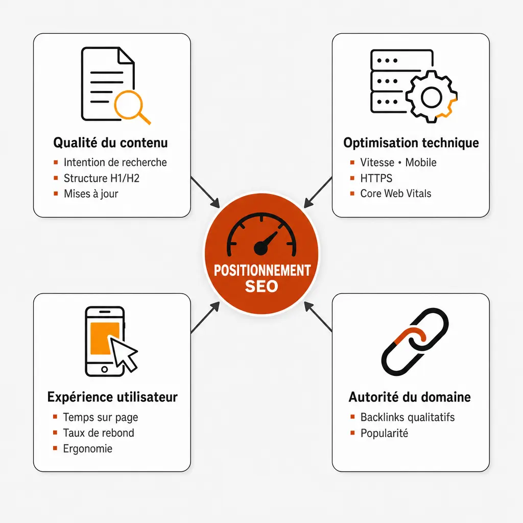 Schéma des quatre piliers du positionnement SEO : qualité du contenu, optimisation technique, autorité du domaine, expérience utilisateur