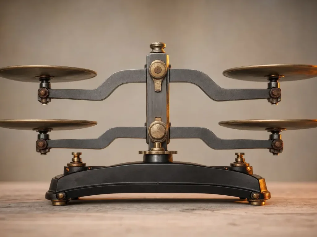 Balance mécanique en équilibre parfait, symbole des quatre piliers du positionnement SEO (contenu, technique, autorité, expérience utilisateur)