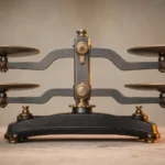 Balance mécanique en équilibre parfait, symbole des quatre piliers du positionnement SEO (contenu, technique, autorité, expérience utilisateur)