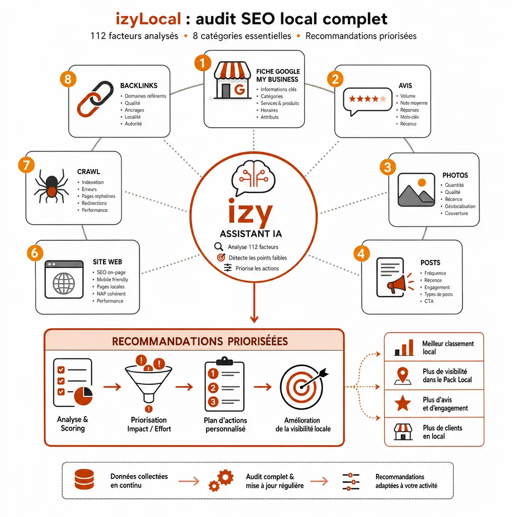 Infographie des 8 catégories d'audit SEO local analysées par izyLocal (fiche Google My Business, avis, photos, posts, SERP, site web, crawl, backlinks) avec l'assistant IA izy au centre