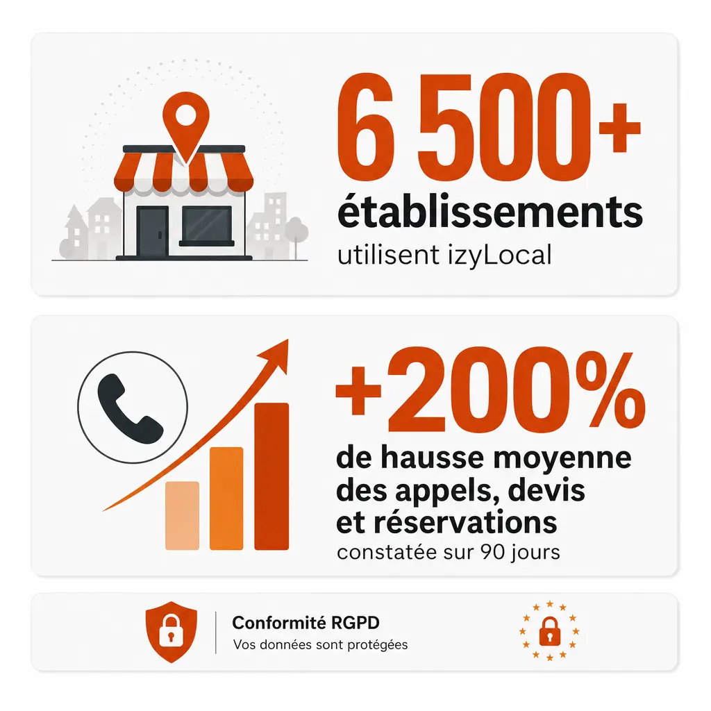 Deux chiffres clés d'izyLocal : plus de 6 500 établissements utilisateurs et +200 % de hausse moyenne des appels, devis et réservations en 90 jours, avec mention de la conformité RGPD