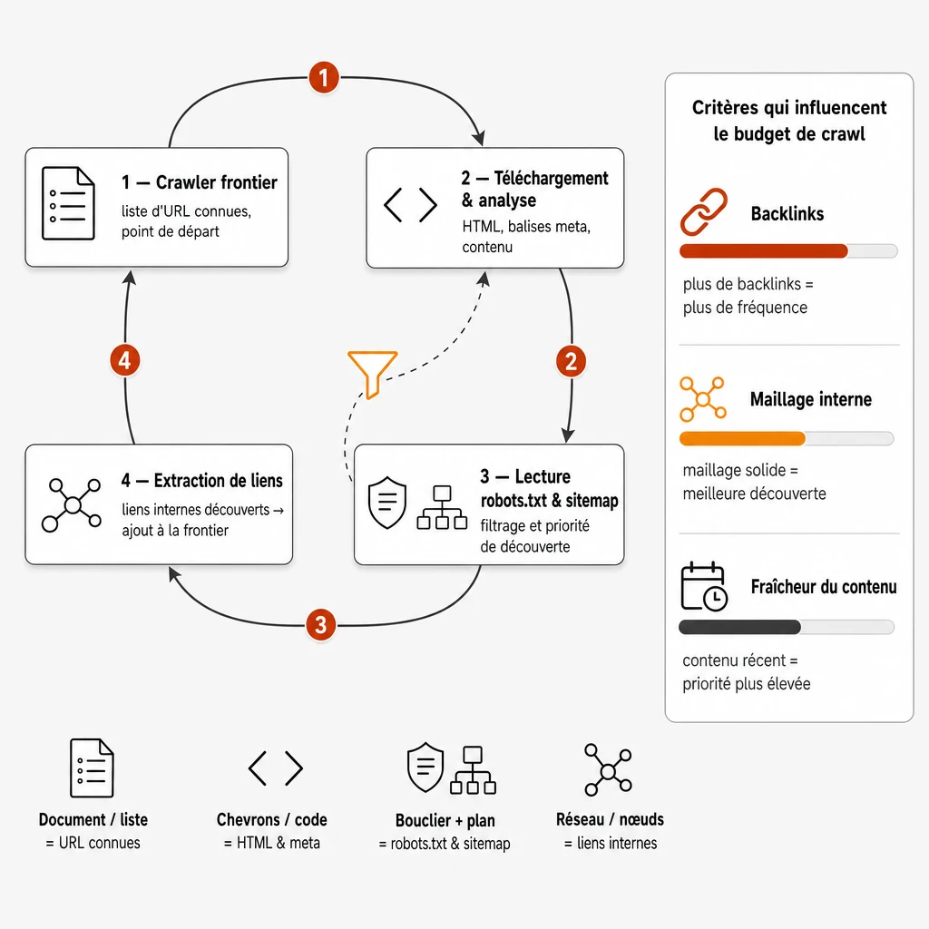 Diagramme en 4 étapes du cycle d'exploration d'un crawler