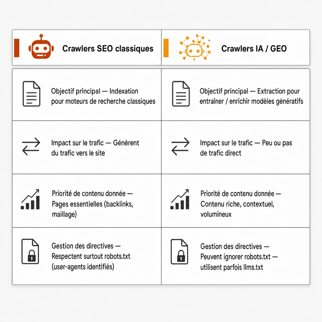 Tableau comparatif crawlers SEO classiques vs crawlers IA/GEO