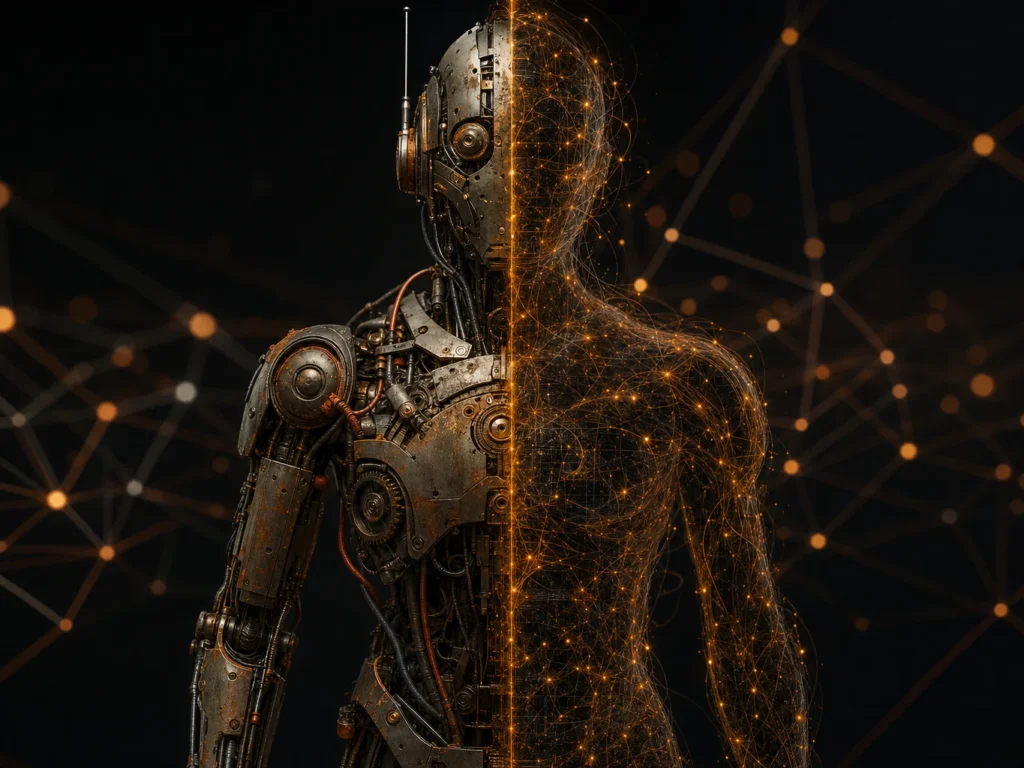 Robot mi-mécanique mi-numérique symbolisant la coexistence des crawlers SEO classiques et des crawlers IA (GEO) en 2026