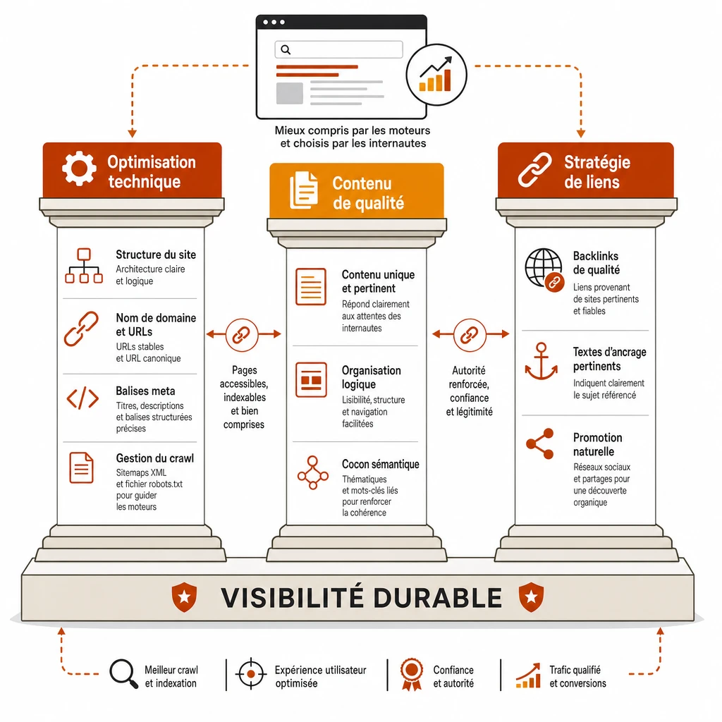 Infographie des 3 piliers du SEO — optimisation technique, contenu de qualité et stratégie de liens — soutenant ensemble la visibilité durable d'un site.