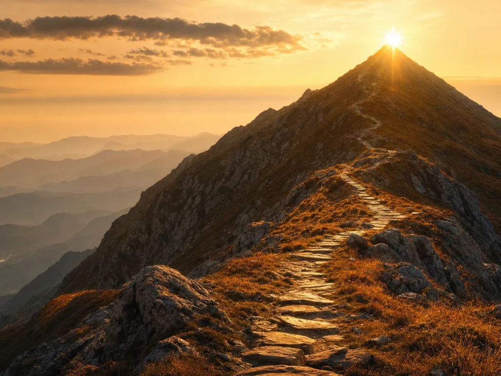 Sentier de montagne serpentant vers un sommet éclairé par le soleil levant, symbolisant le long parcours patient et méthodique nécessaire pour bien se positionner en SEO — pas de raccourci miracle.
