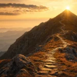 Sentier de montagne serpentant vers un sommet éclairé par le soleil levant, symbolisant le long parcours patient et méthodique nécessaire pour bien se positionner en SEO — pas de raccourci miracle.