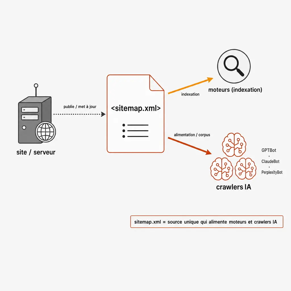 Schéma montrant comment le sitemap XML alimente à la fois les moteurs de recherche classiques et les crawlers IA génératifs comme GPTBot et ClaudeBot