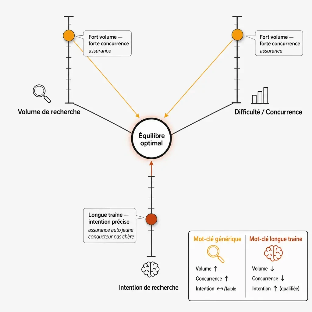 Schéma illustrant l'équilibre entre volume de recherche, difficulté SEO et intention de recherche pour choisir un mot-clé
