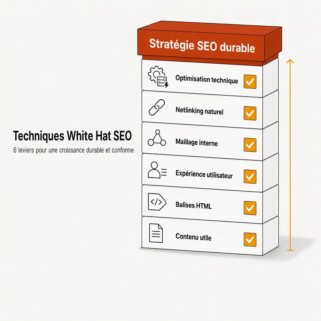 Schéma des 6 techniques White Hat SEO à privilégier pour une stratégie durable