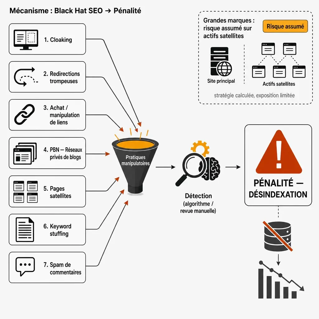 Diagramme du mécanisme Black Hat SEO menant à une pénalité Google, avec le cas des grandes marques sur actifs satellites