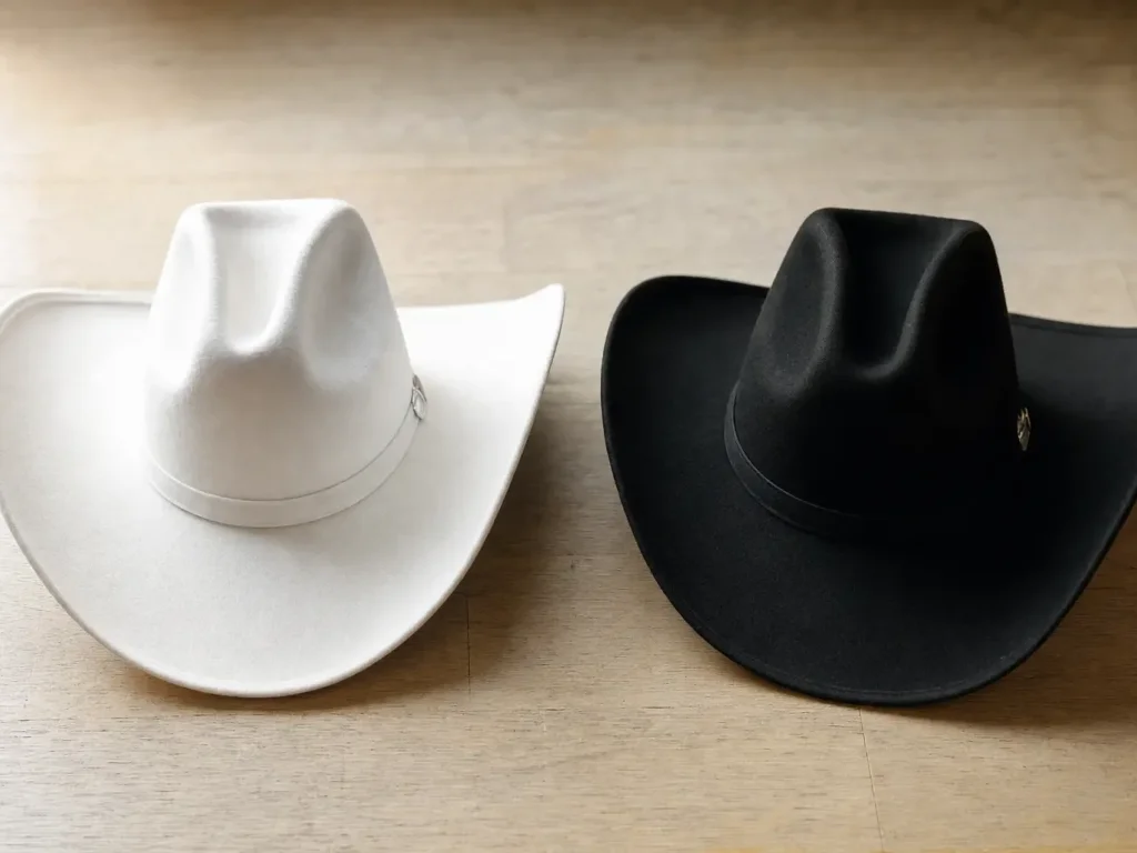 Deux chapeaux, un blanc et un noir, symbolisant le white hat SEO et le black hat SEO