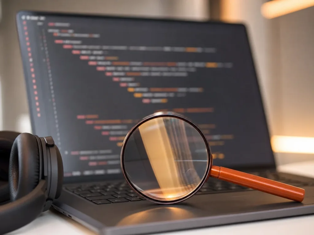Loupe posée devant un ordinateur portable affichant du code HTML aux lignes indentées en niveaux, avec un casque audio à côté, pour illustrer les balises H1, H2, H3 et l’accessibilité
