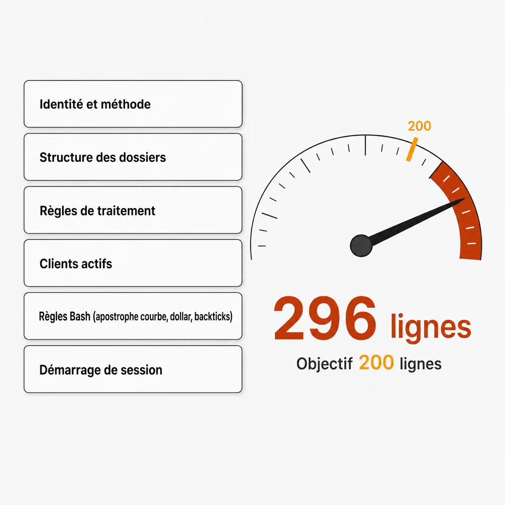 Schéma de l'anatomie d'un fichier CLAUDE.md en six blocs (identité et méthode, structure des dossiers, règles de traitement, clients actifs, règles Bash, démarrage de session) et jauge de 296 lignes face à l'objectif de 200
