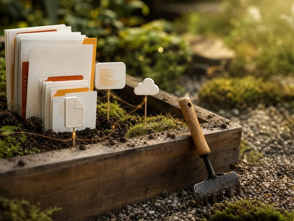Bac de jardin en bois où poussent des dossiers et des icônes de fichier et de nuage, avec un râteau à main : image d'un CLAUDE.md qu'on cultive et qu'on entretient