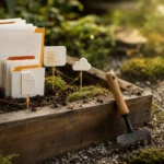 Bac de jardin en bois où poussent des dossiers et des icônes de fichier et de nuage, avec un râteau à main : image d'un CLAUDE.md qu'on cultive et qu'on entretient