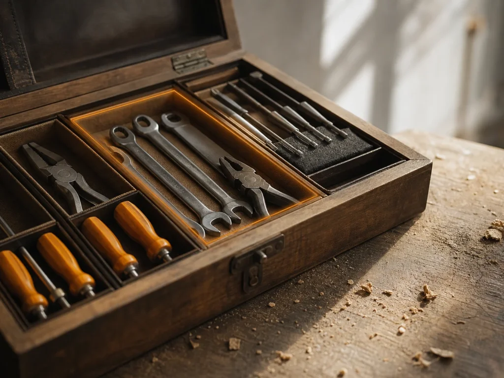 Boîte à outils en bois ouverte sur un établi, chaque outil rangé dans son compartiment, pour illustrer un skill IA documenté