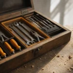 Boîte à outils en bois ouverte sur un établi, chaque outil rangé dans son compartiment, pour illustrer un skill IA documenté