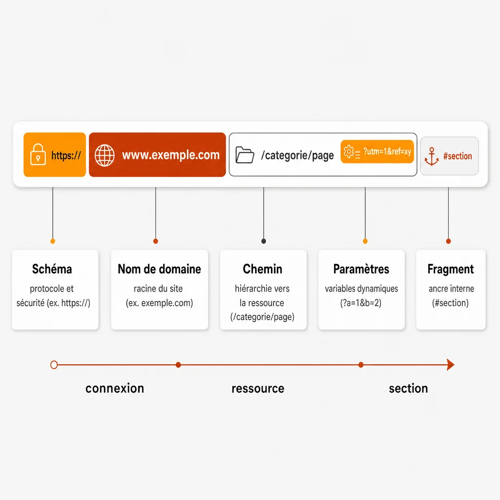 Schéma d’une URL décomposée en cinq blocs : schéma https://, nom de domaine, chemin, paramètres et fragment, chacun avec une courte légende