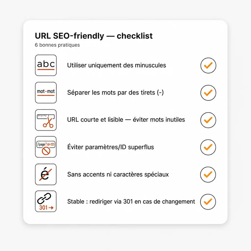Checklist de six bonnes pratiques pour une URL SEO-friendly : minuscules, tirets, URL courte, sans paramètres inutiles, sans accents, stable avec redirection 301